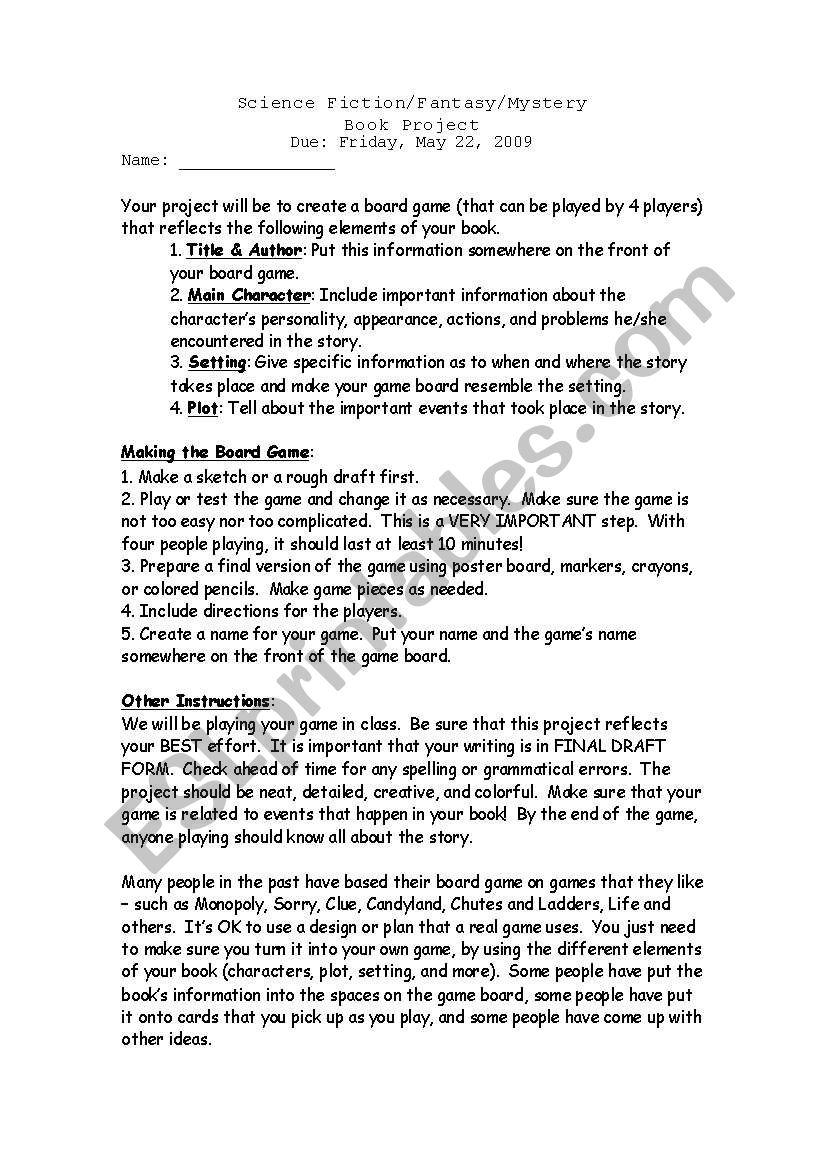 Board Game Book Project worksheet