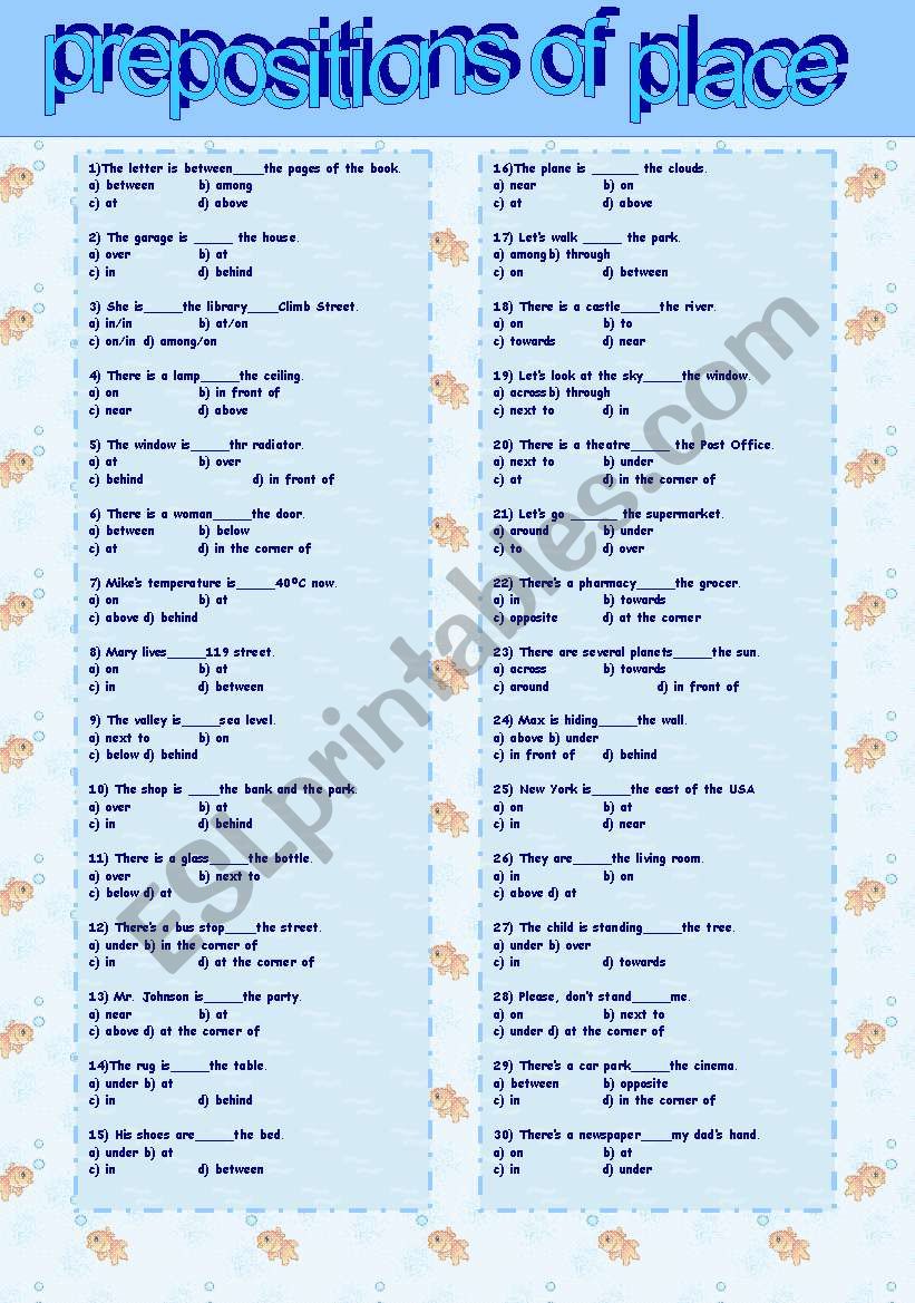 prepositions of place- multiple choice test