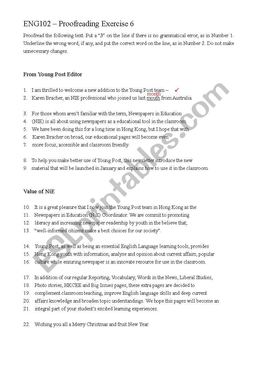 proofreading exercise 6 worksheet