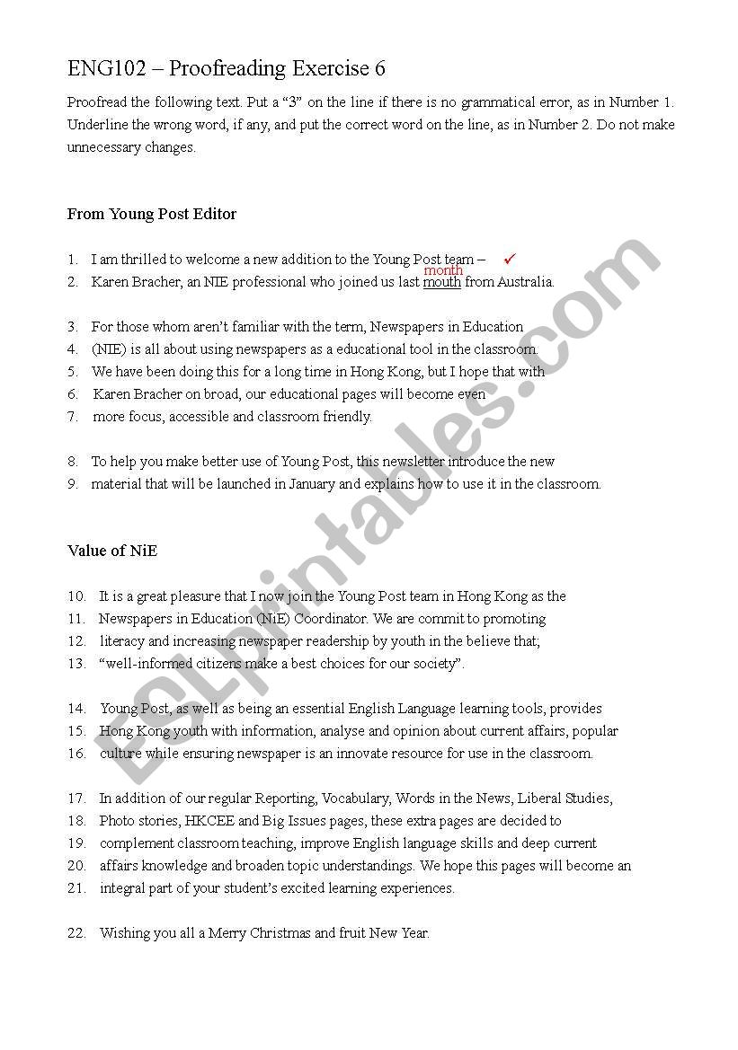 proofreading exercise 6 worksheet