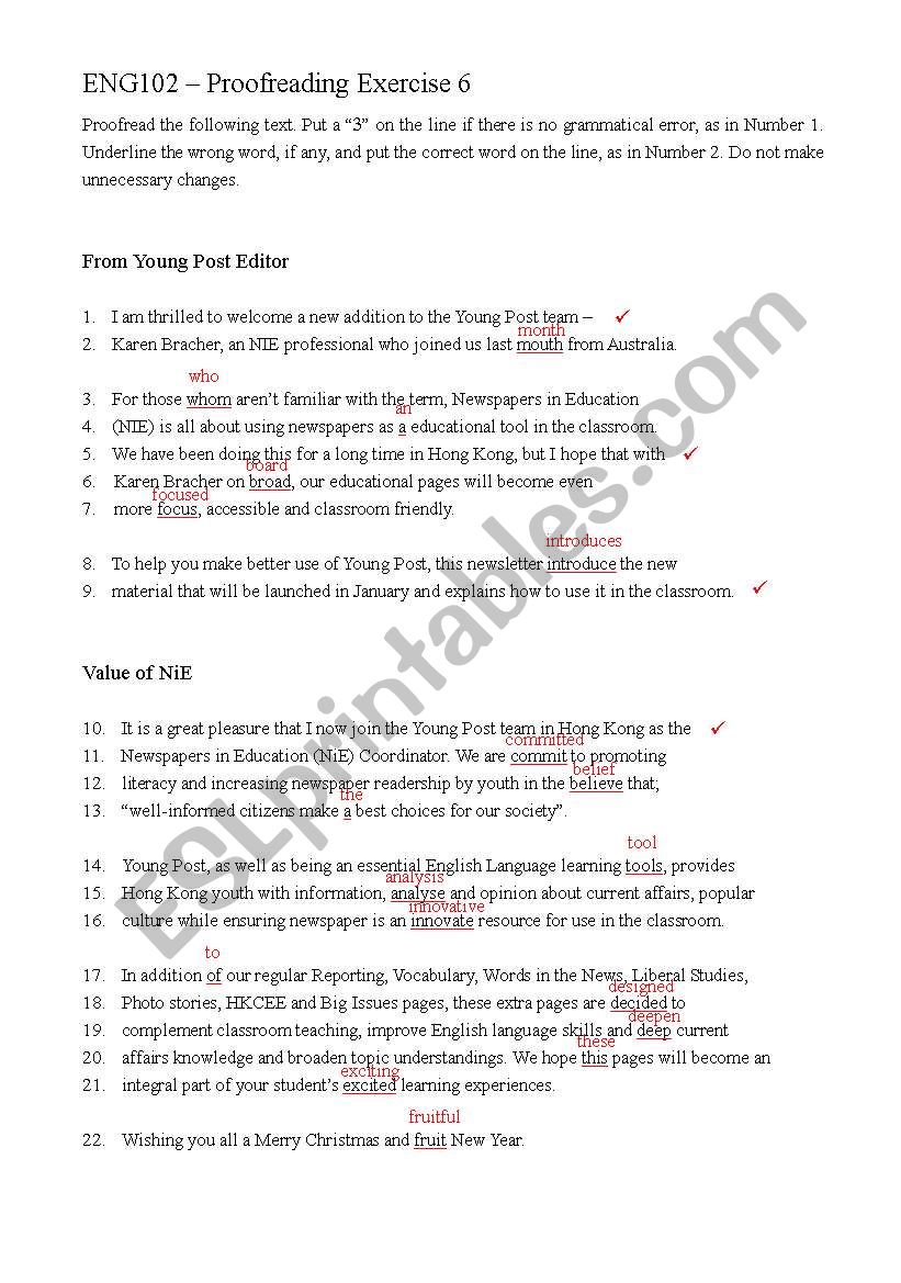 proofreading exercise 6_key worksheet
