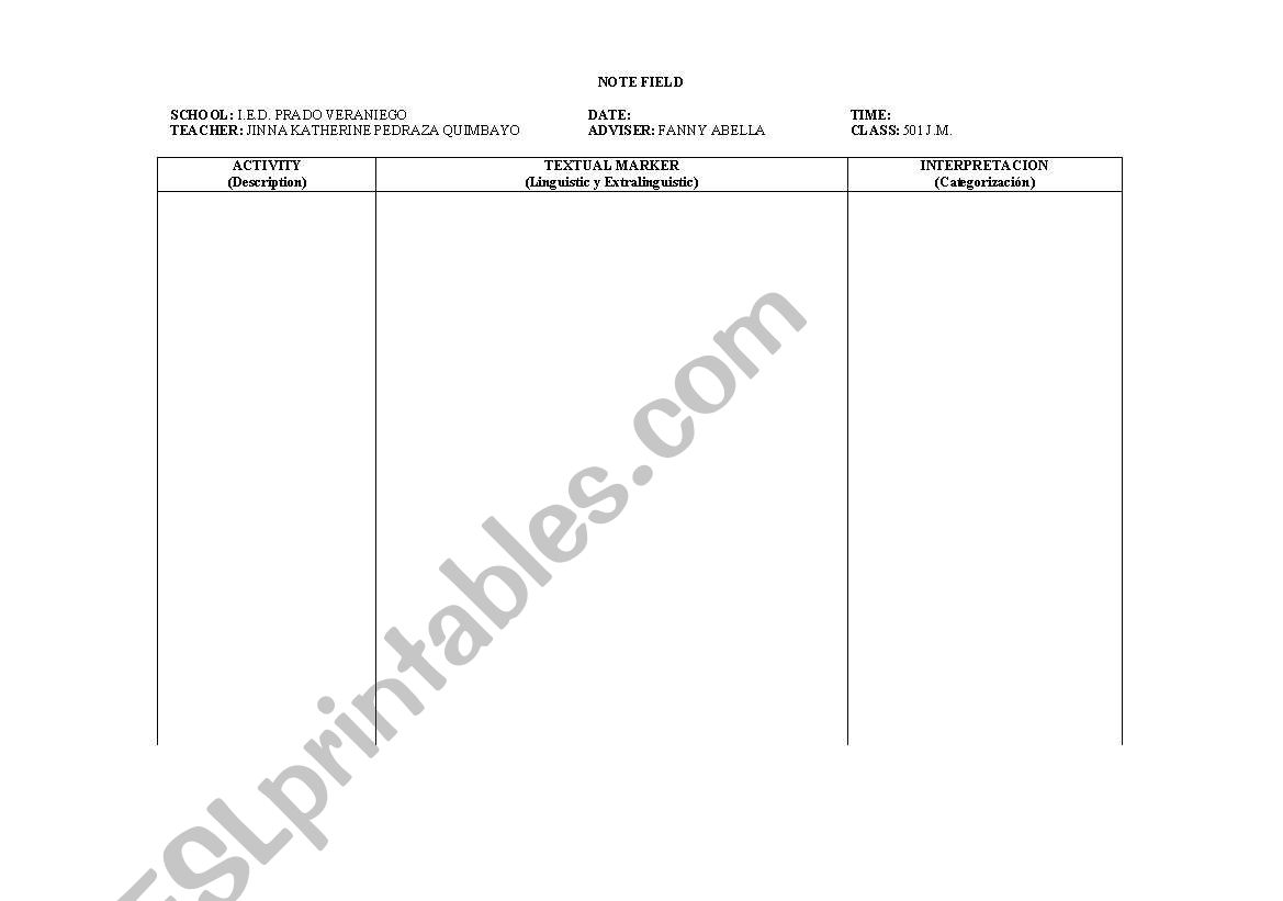 Note field worksheet