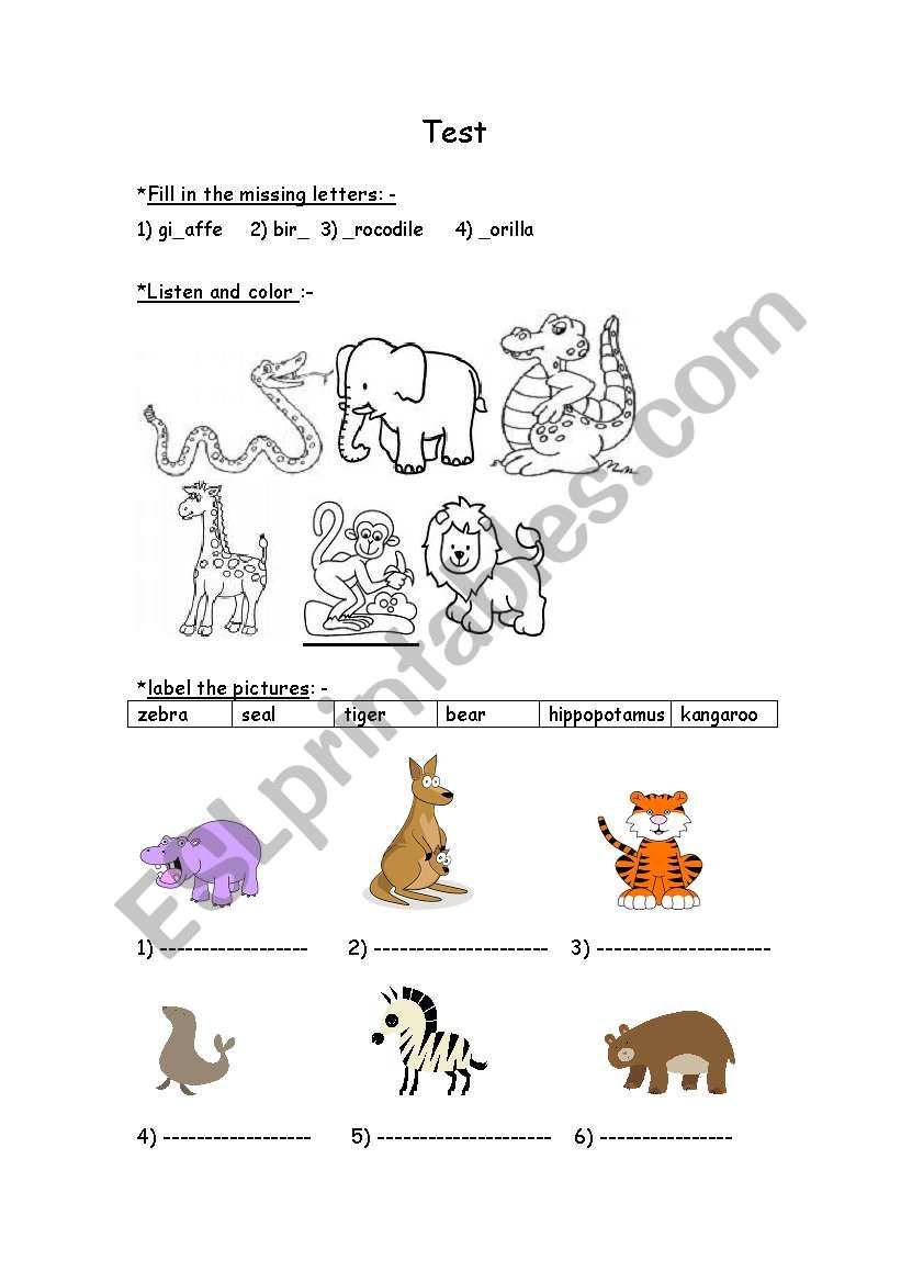 Animals Test worksheet