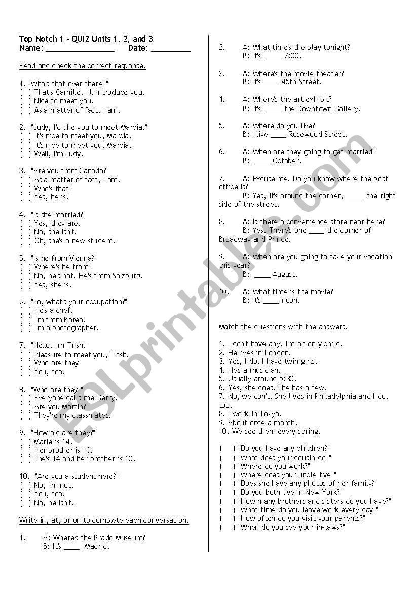 Quiz; intermediate worksheet