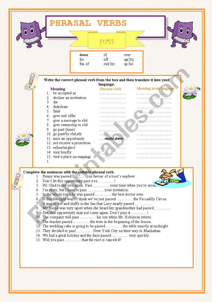 Phrasal verbs - PASS worksheet