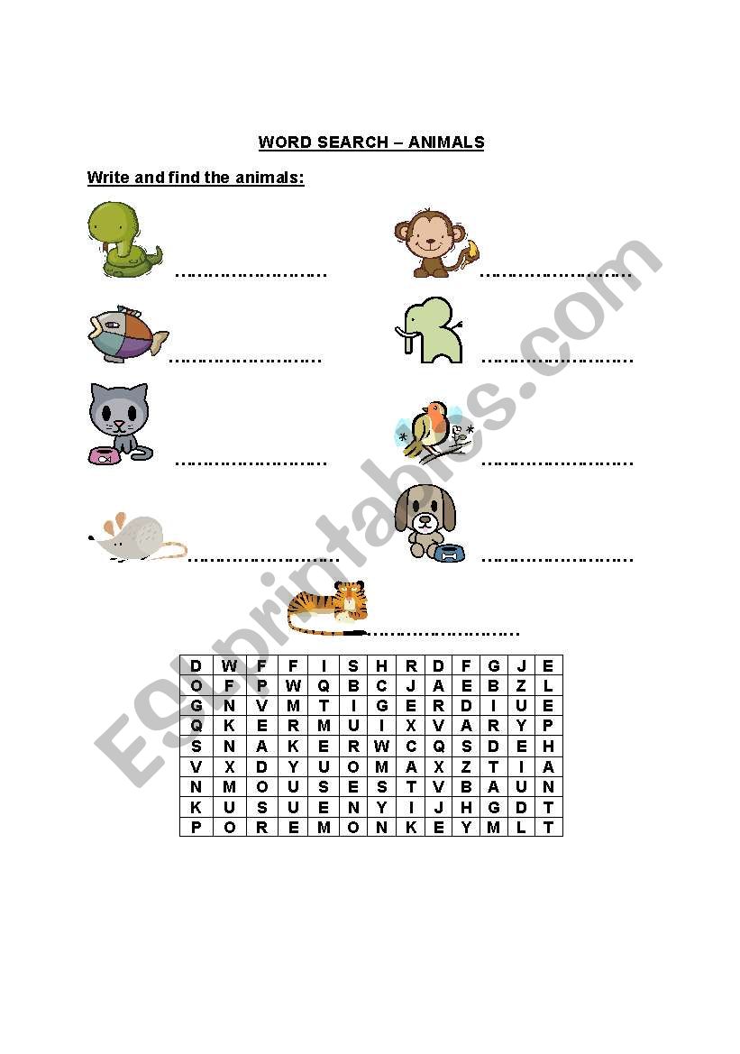 word search-animals worksheet