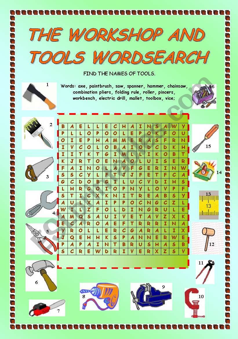 THE WORKSHOP AND TOOLS wordsearch