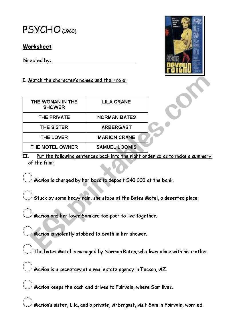 PSYCHO by Alfred HITCHCOCK: Worksheet