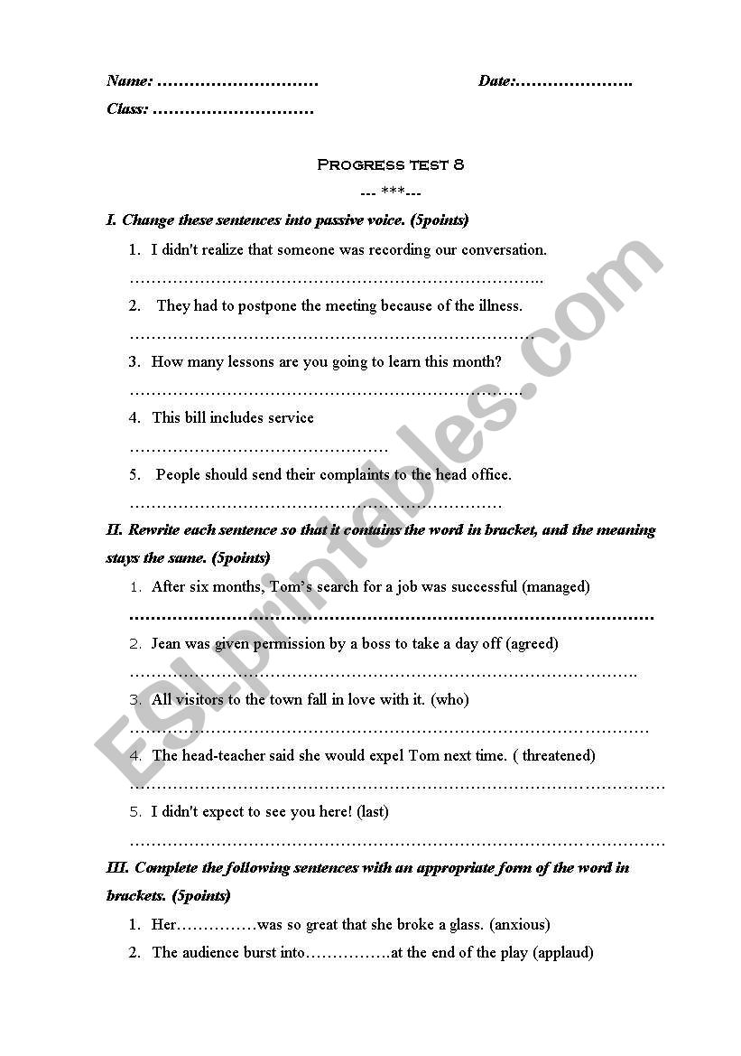 progress test for pre- intermidiate level