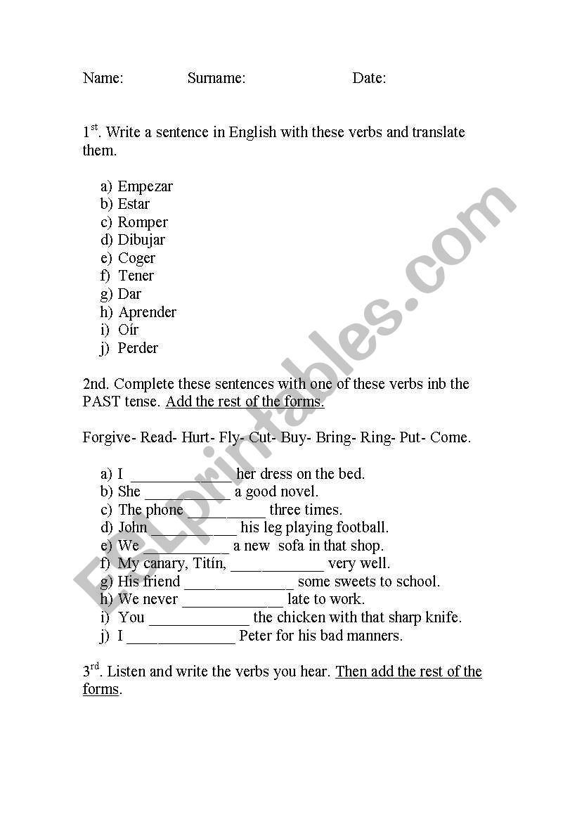 Irregular verbs worksheet