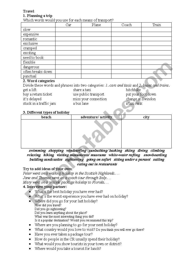 travelling worksheet