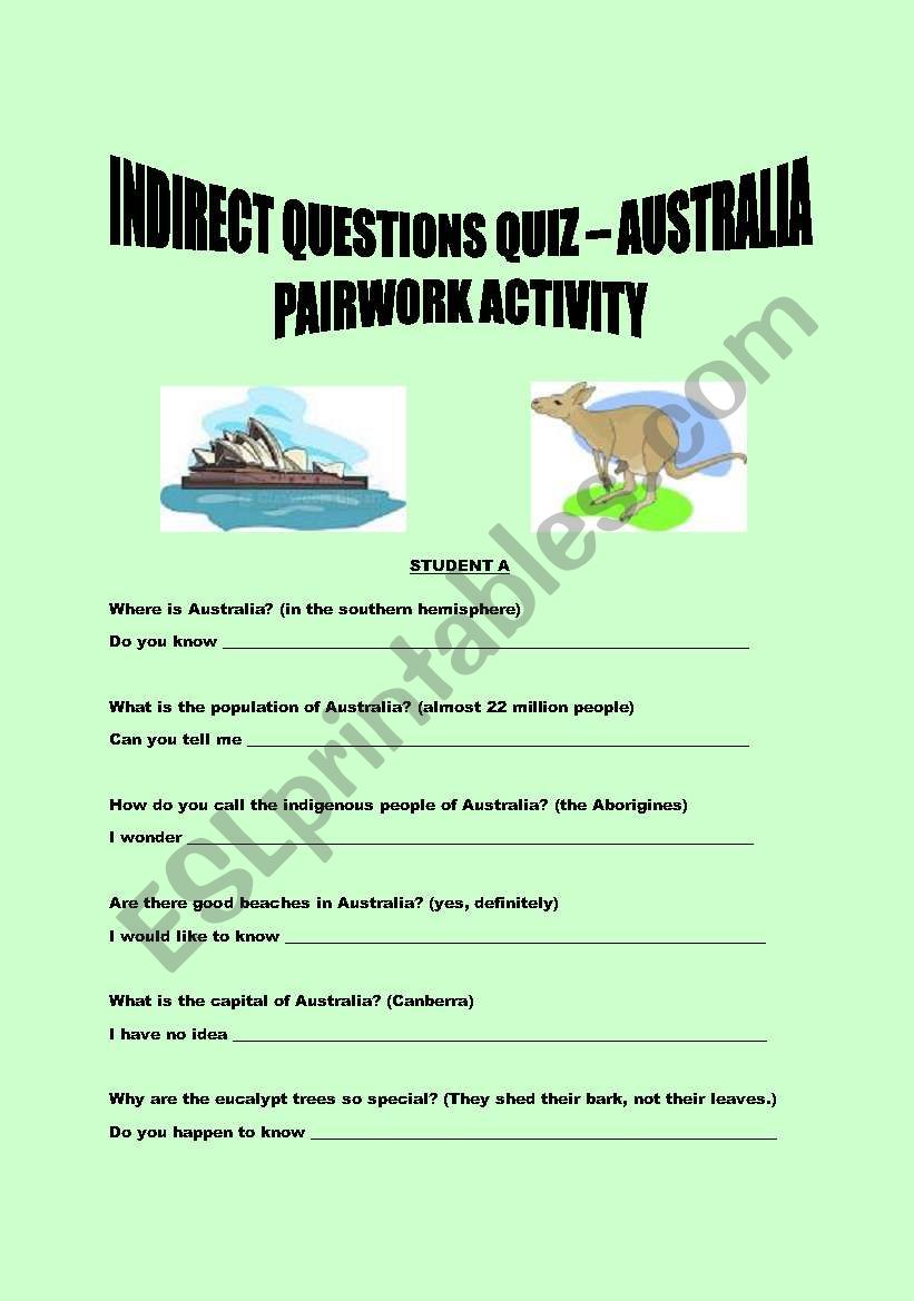 Indirect questions - quiz  on Australia  - pairwork activity