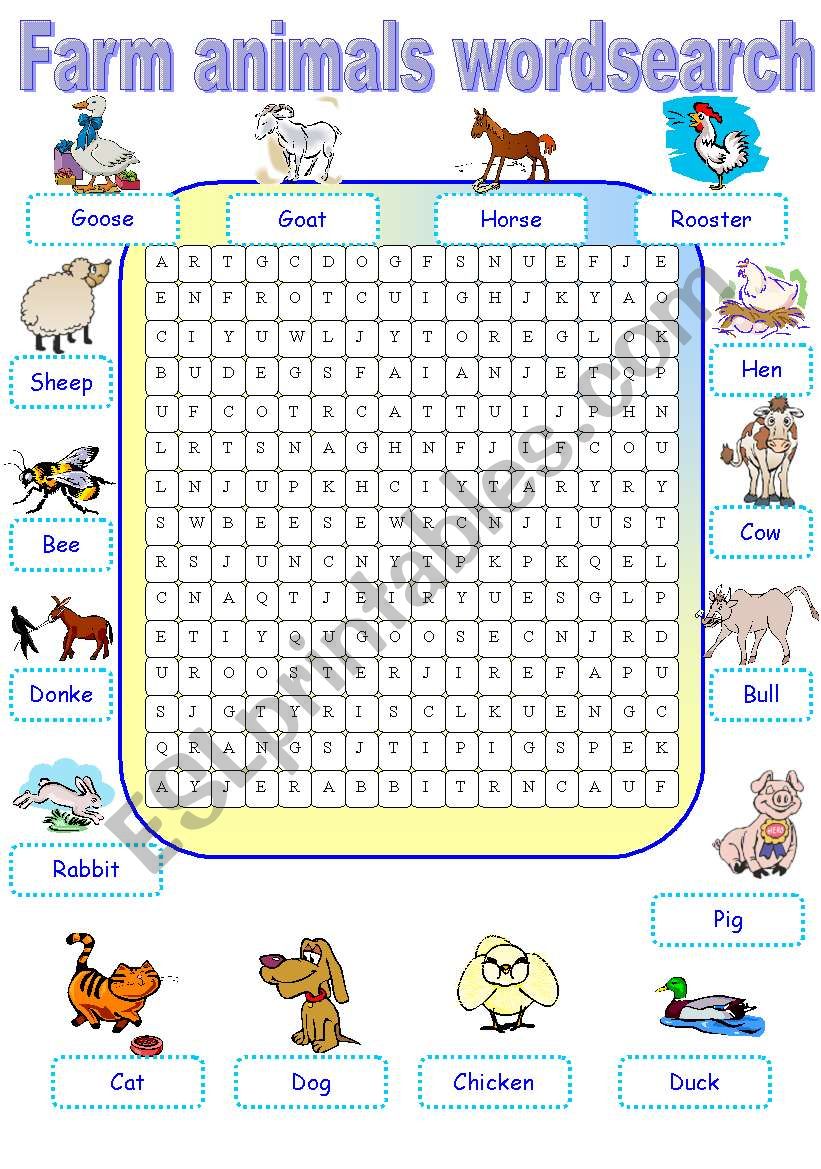 Farm animals wordsearch worksheet