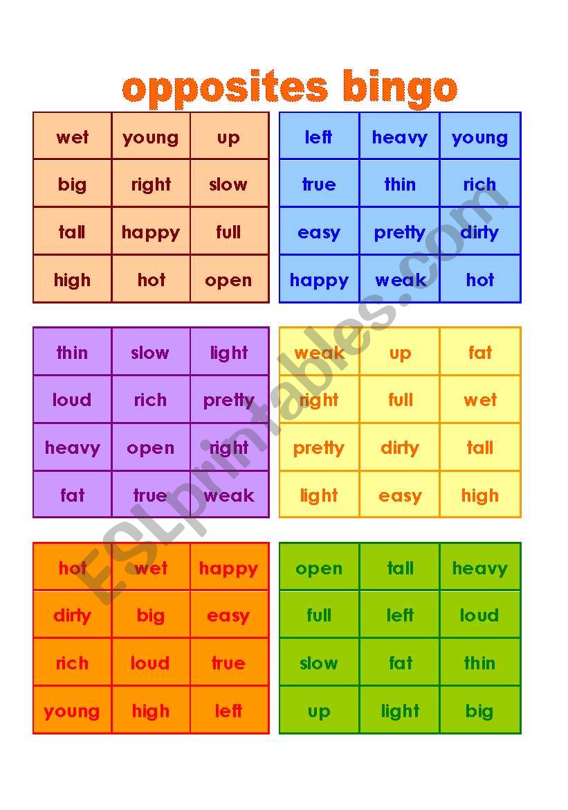Opposites bingo worksheet