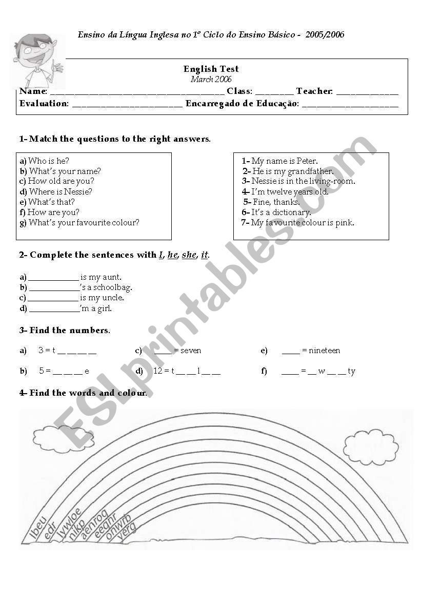 test on personal pronouns, colours, family and house