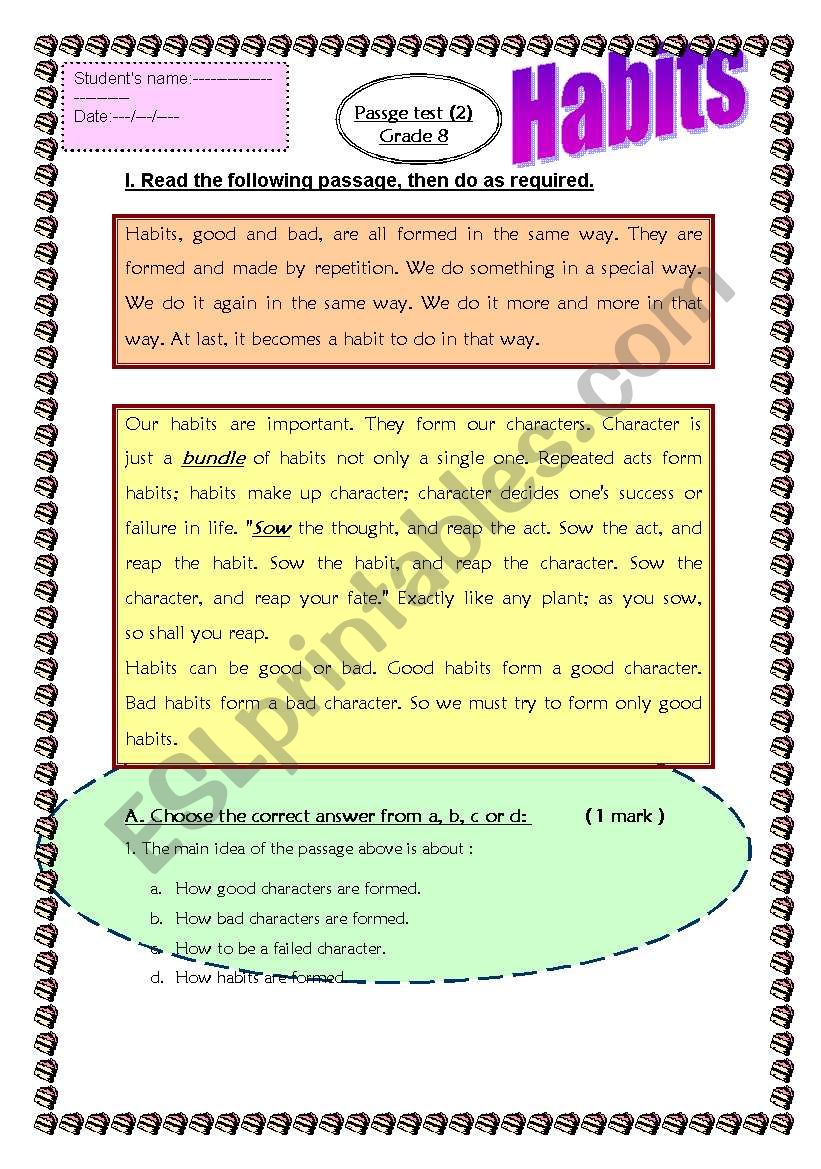 reading passage about habits worksheet