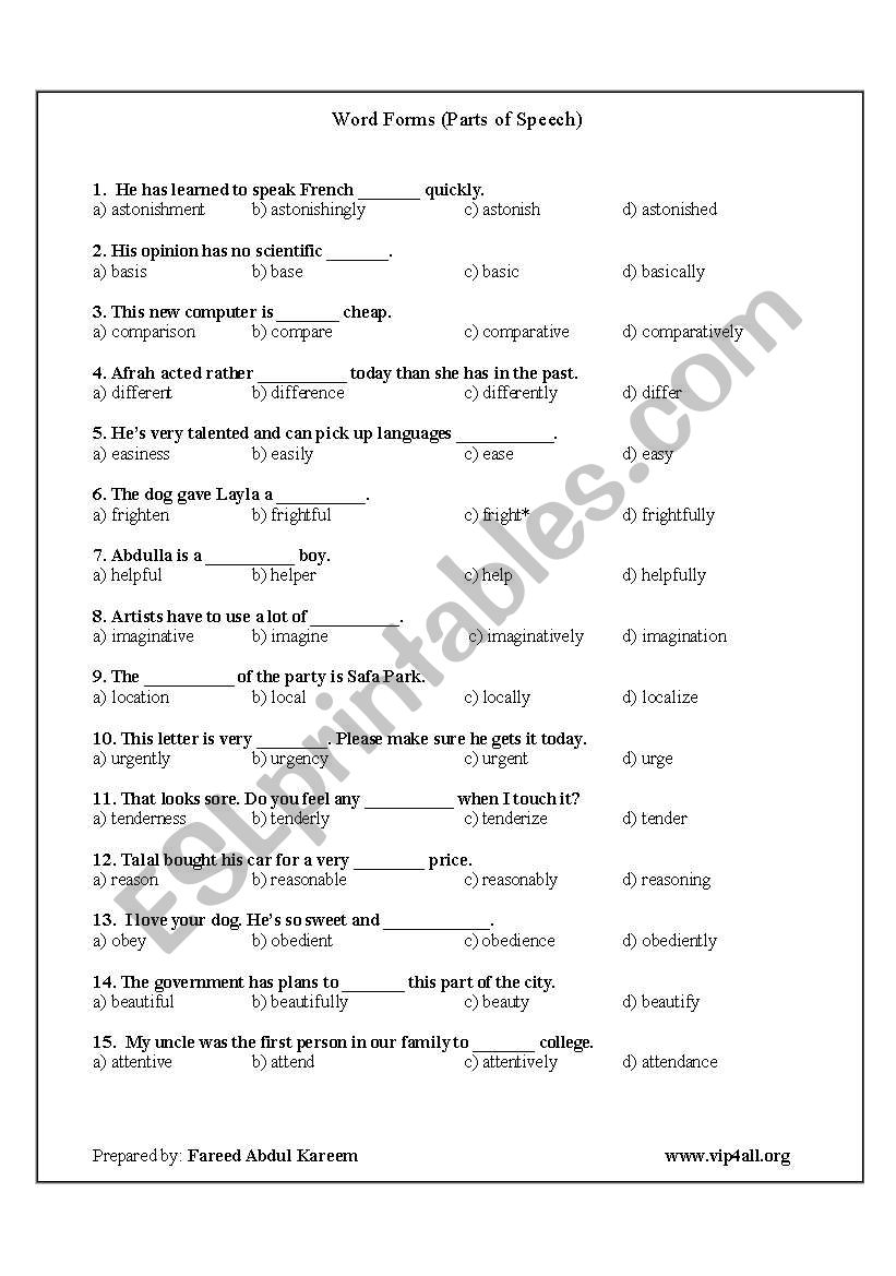 Parts of Speech Exercises worksheet