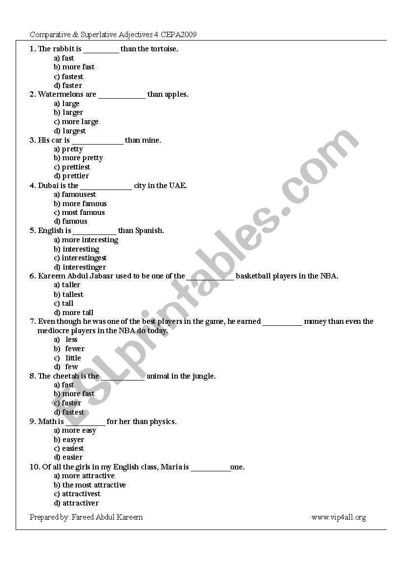 Comparisons worksheet