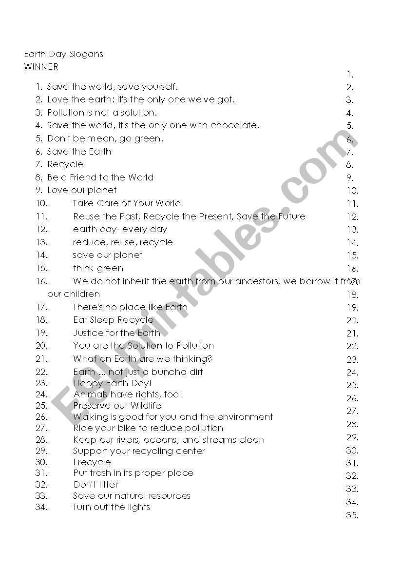 Earth Day Slogans List worksheet