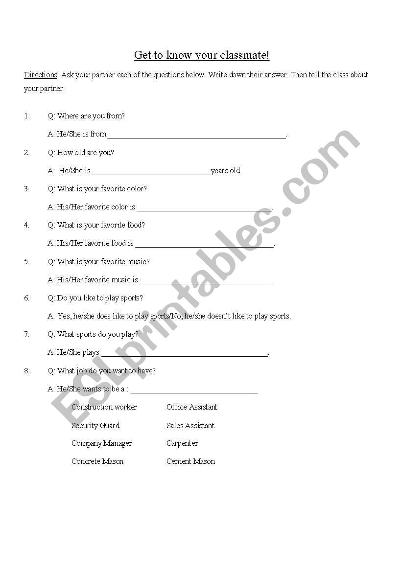 Get to Know Your Classmate! worksheet