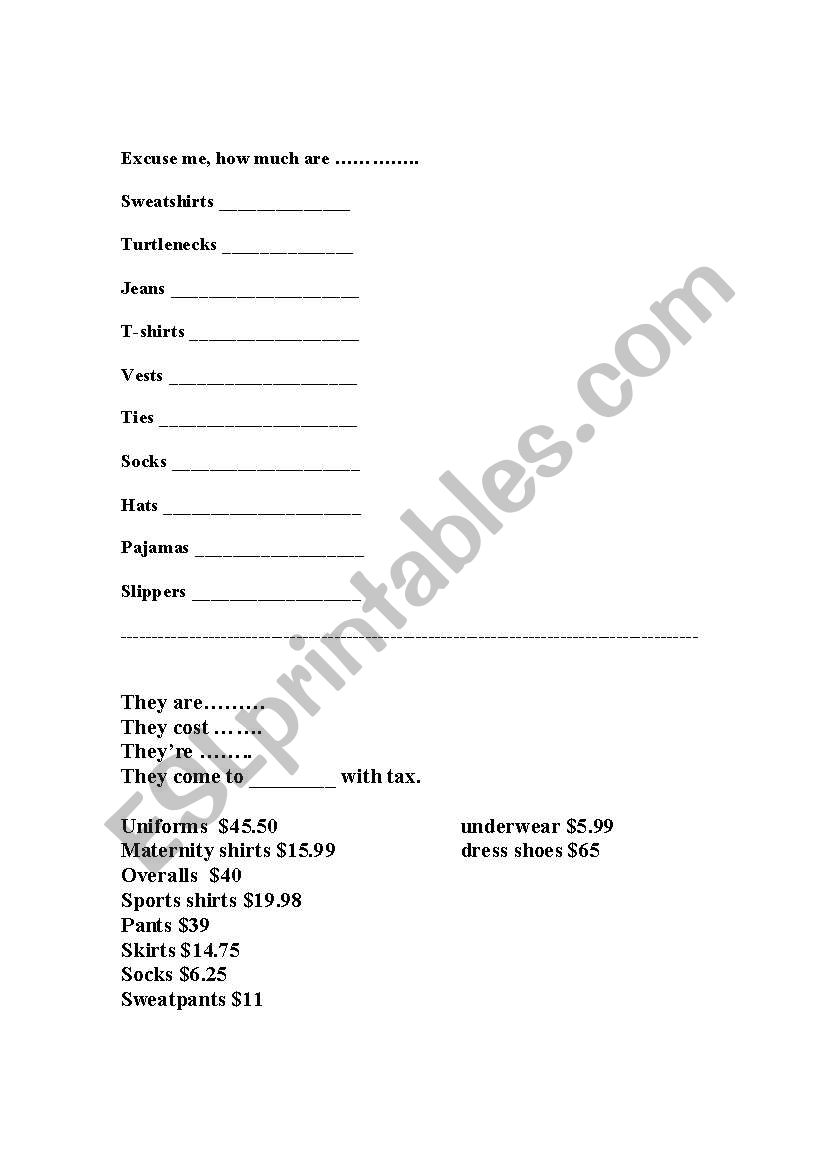 Info Gap Clothing prices worksheet