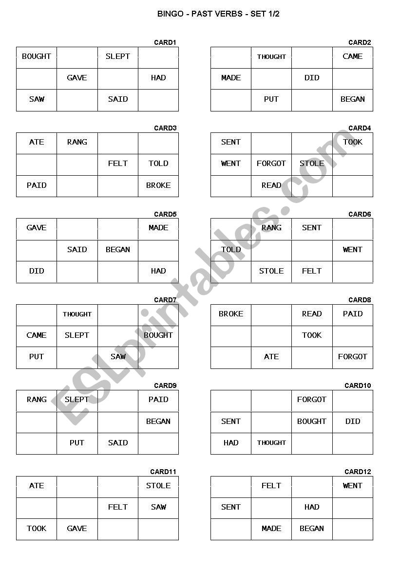 Bingo - Past Verbs - Irregular Verbs