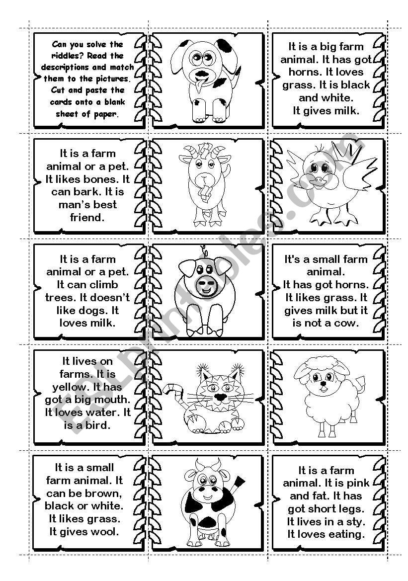 Farm Animals Riddles matching / domino (2 pages -14 animals) - ESL  worksheet by gabitza