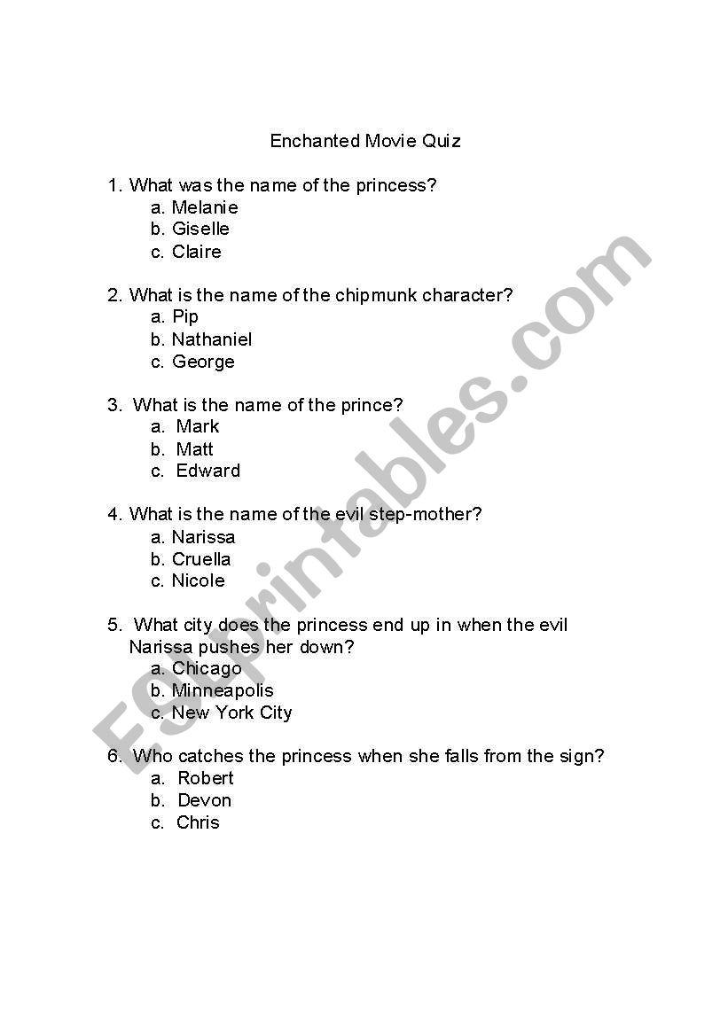 Enchanted Movie Quiz worksheet