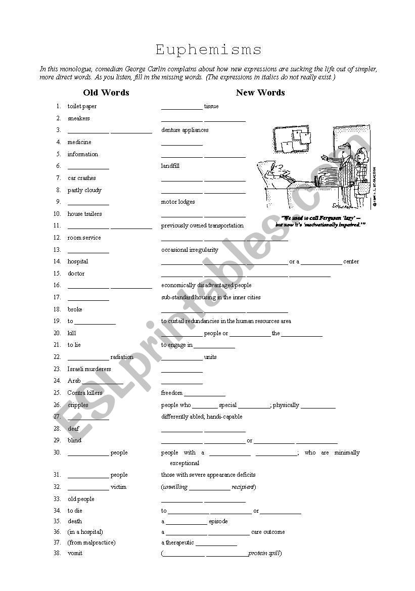 George Carlin - Euphemisms worksheet