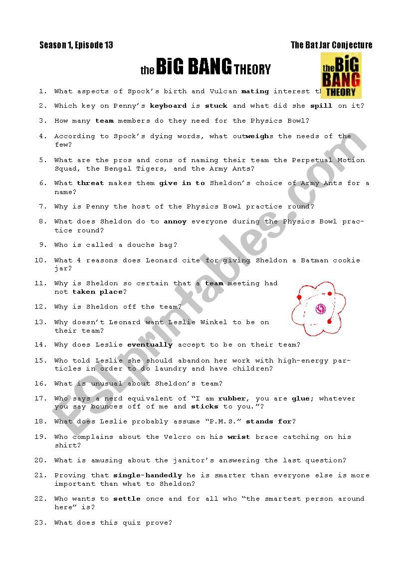 Big Bang Theory The Bat Jar Conjecture ESL Worksheet By Dennypackard