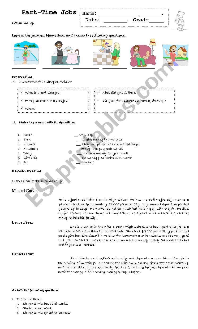 part time jobs worksheet