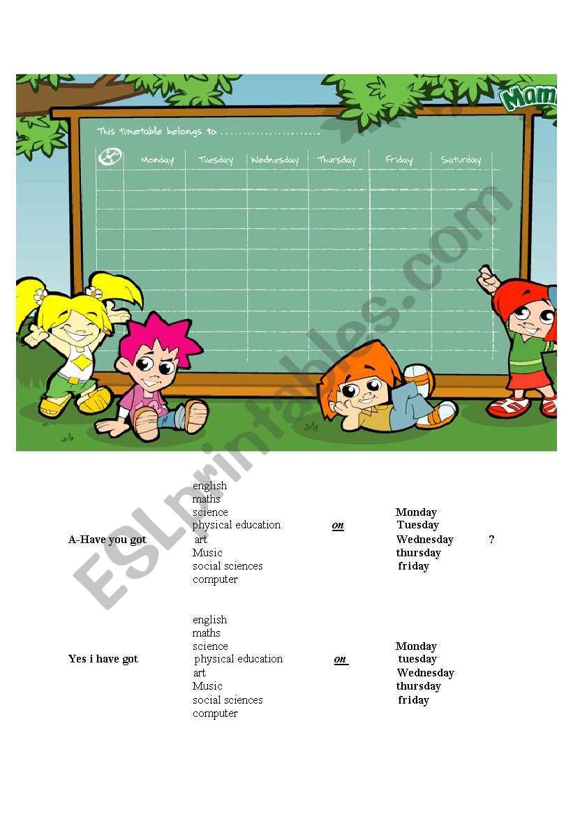 talking worksheet about timetable