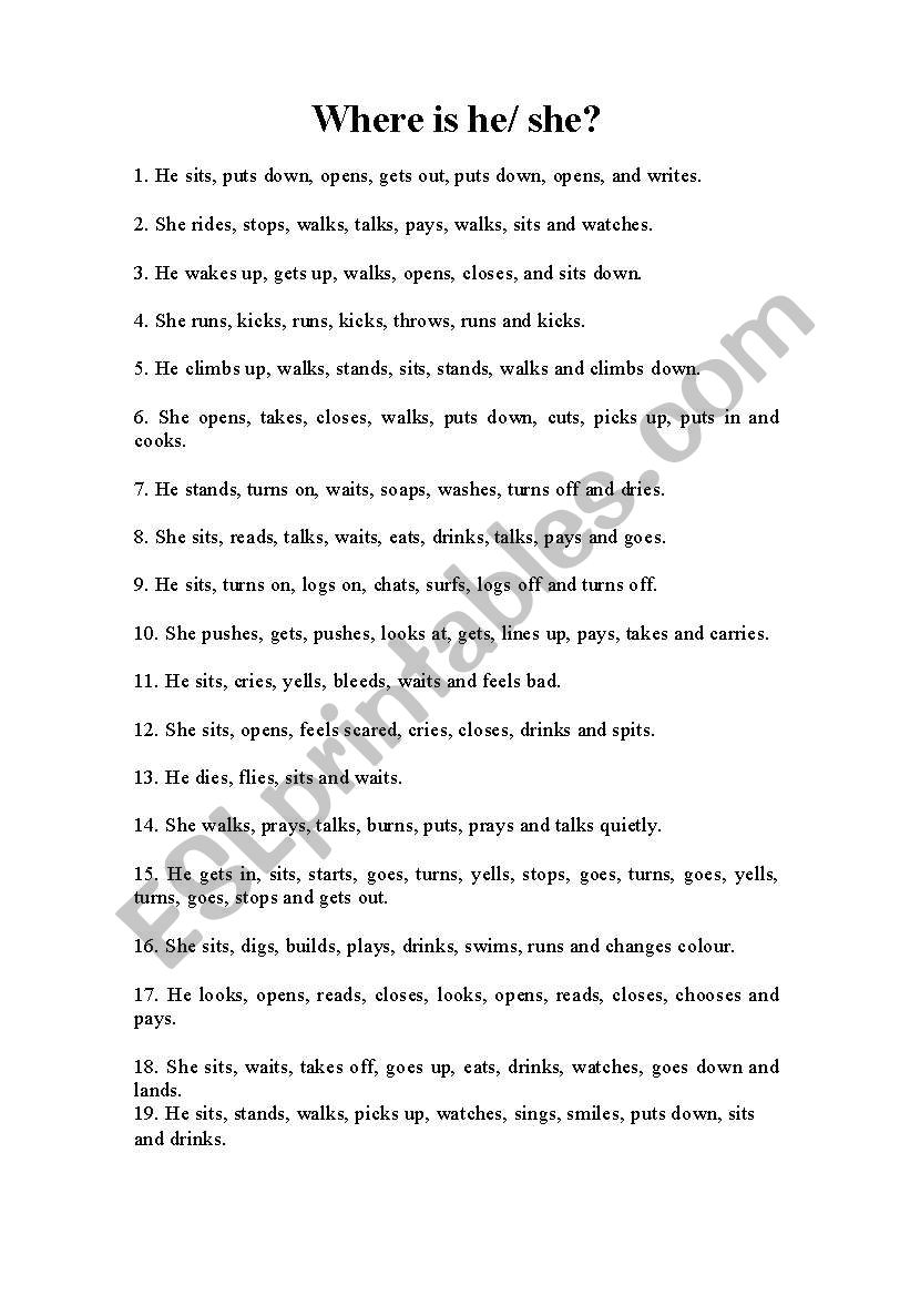 Action verbs and places worksheet