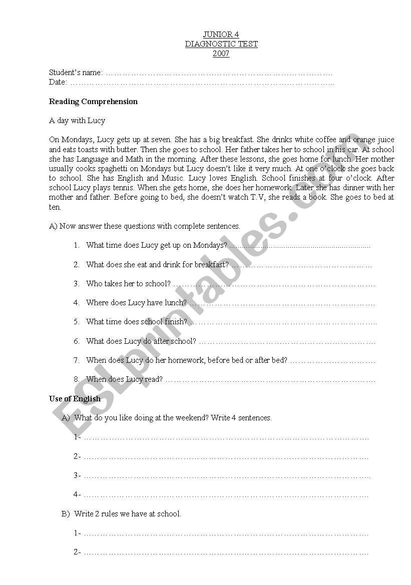 Diagnostic Test 4th Form worksheet