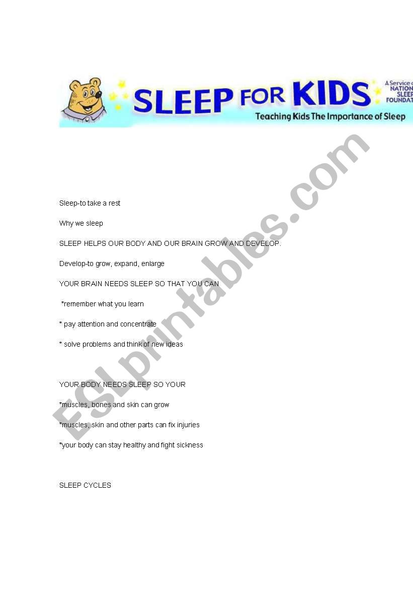 Sleep for kids worksheet