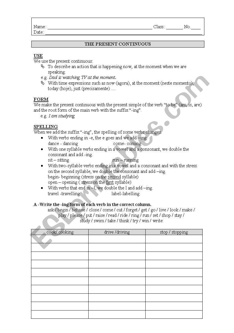 Present Continuous worksheet