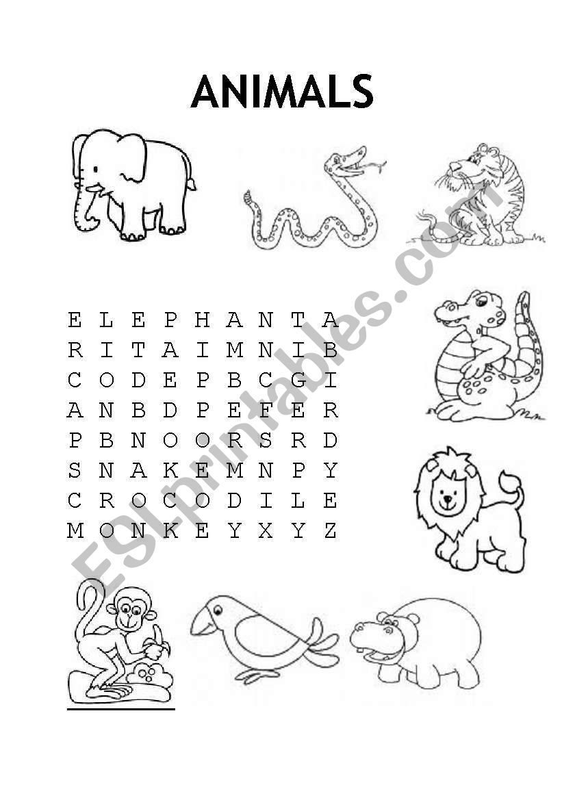 animal wordsearch worksheet