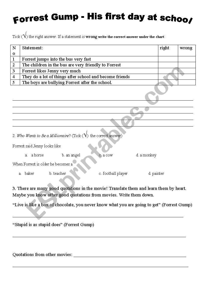 Forrest Gump activity worksheet