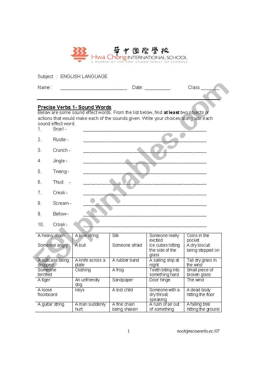 Precise Verbs Worksheet