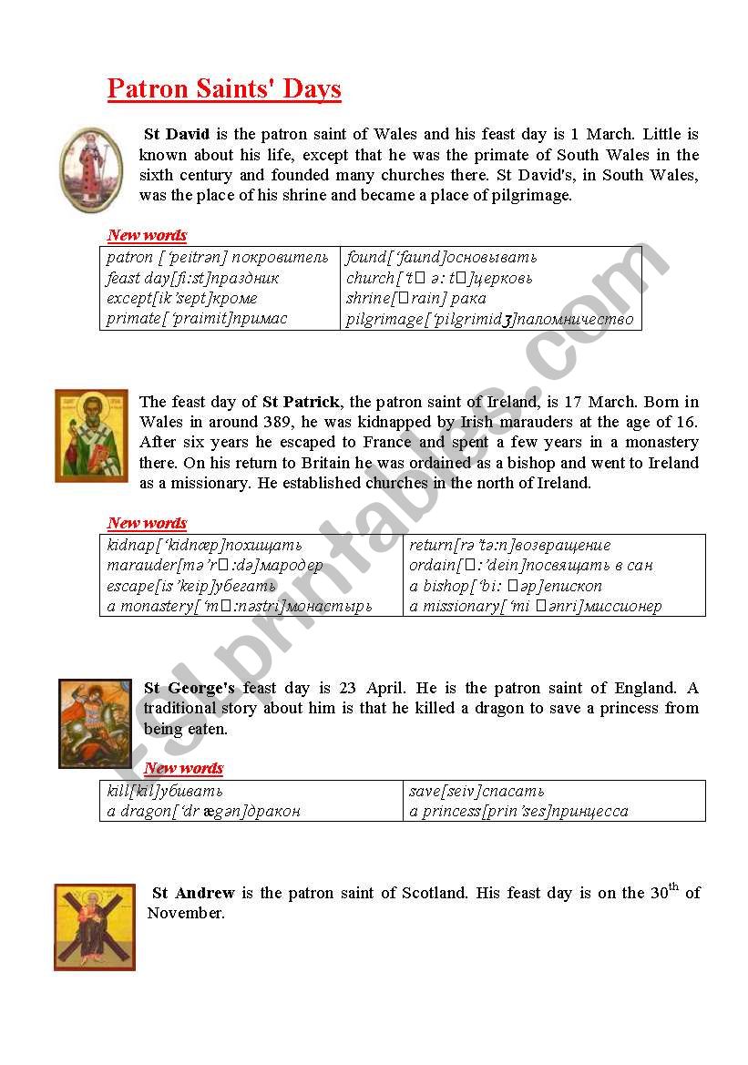 Patron Saints Days   worksheet