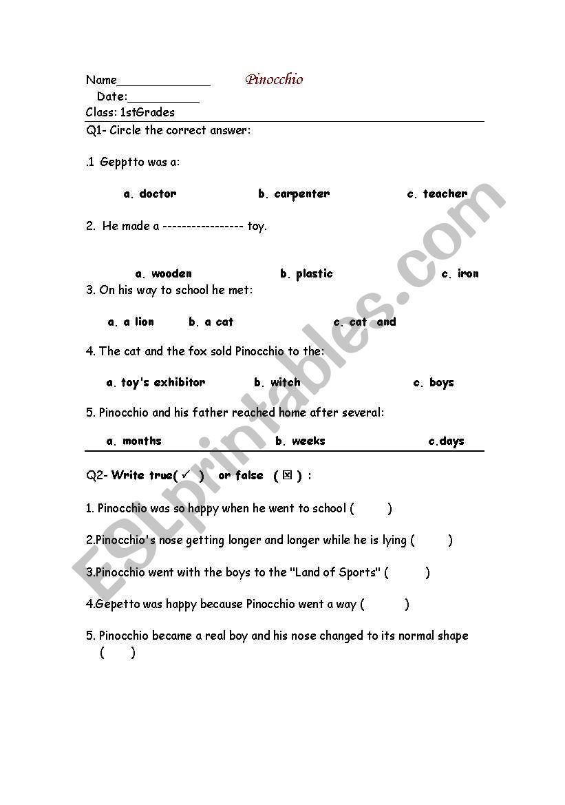 Pinocchio   simple worksheet  ( story)