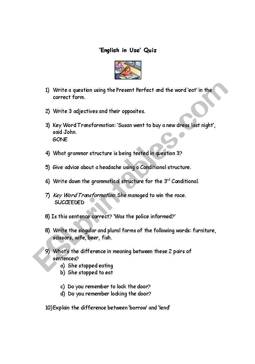 Grammar Quiz (suitable for English in Use exam preparation FCE and CAE)