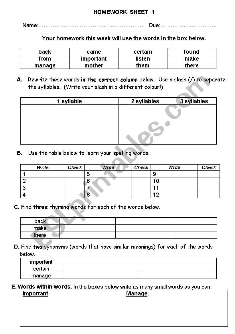 SIGHT WORDS HOMEWORK SHEET worksheet