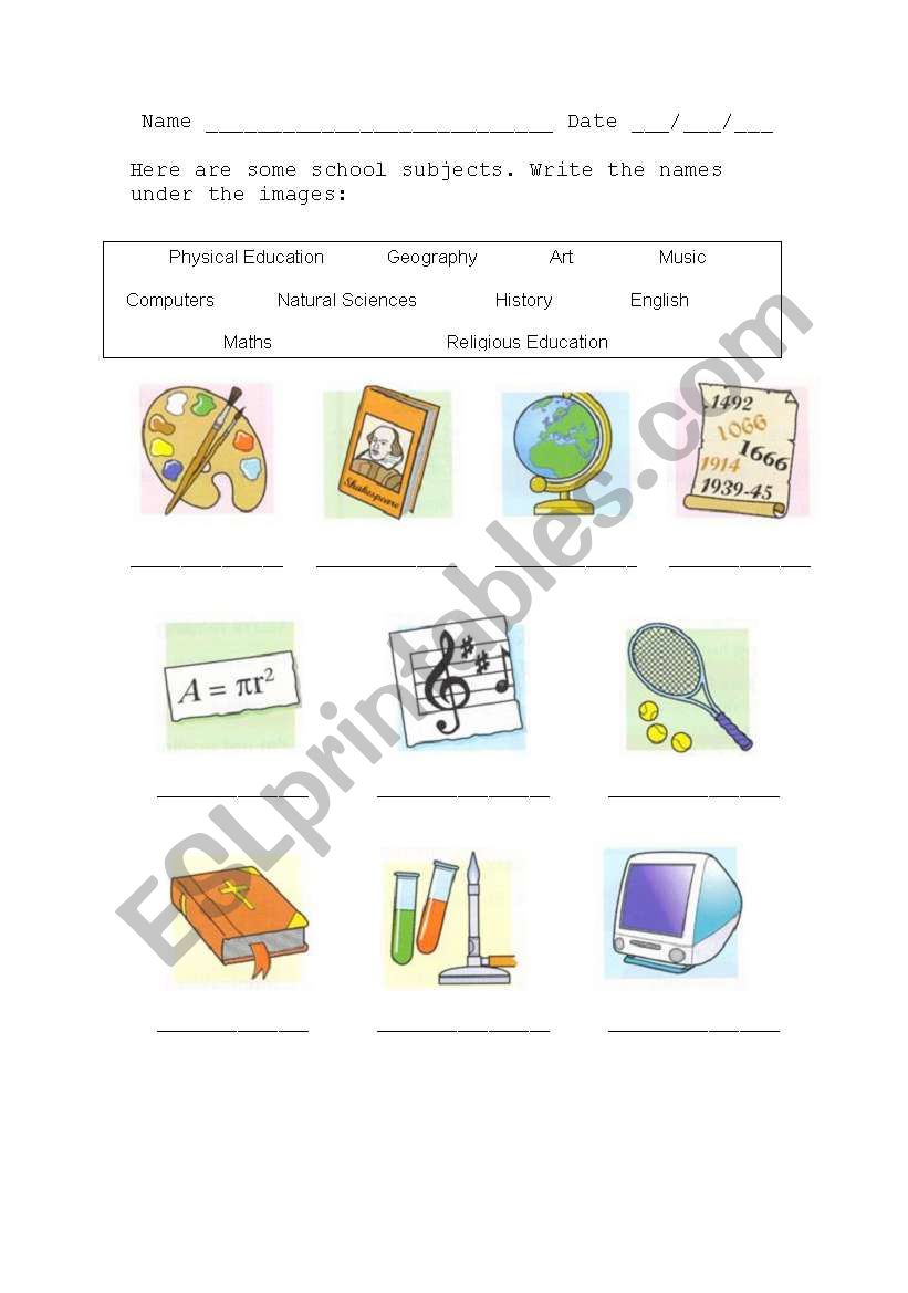 School subjects worksheet