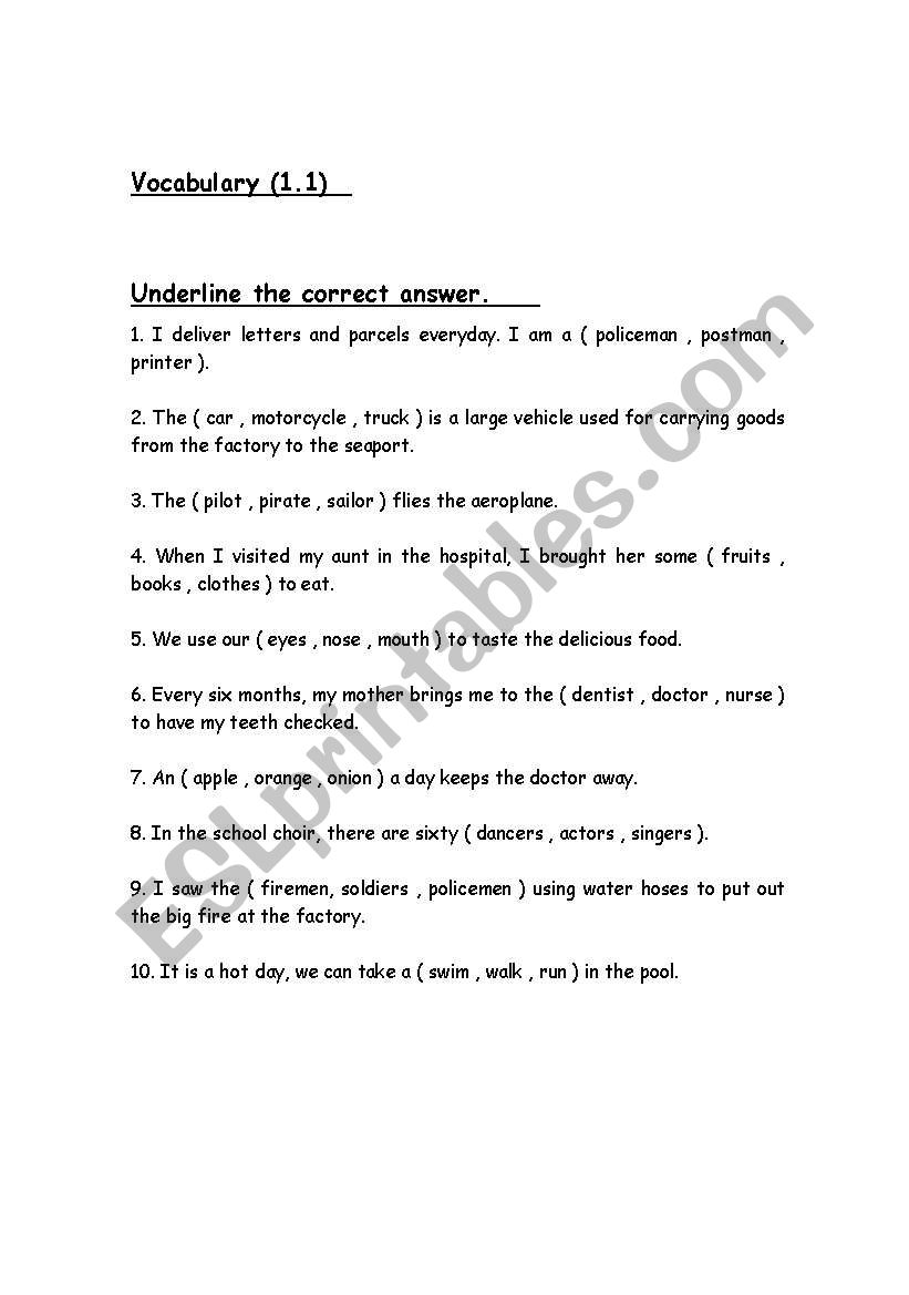 vocabulary test worksheet