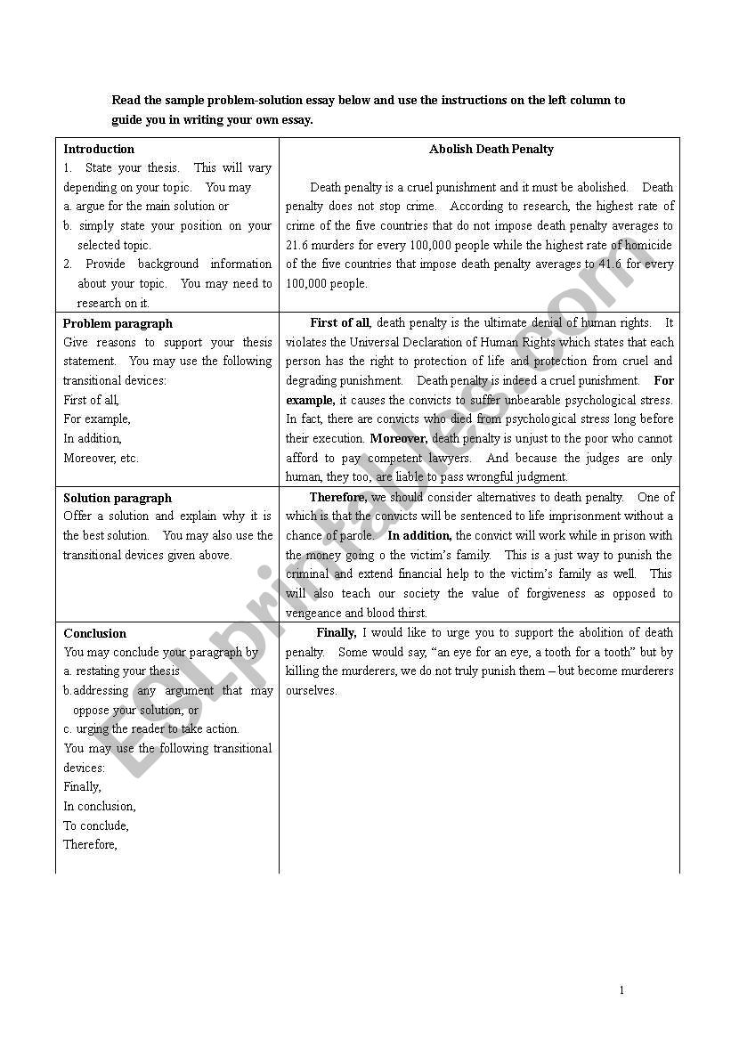 Problem-Solution Essay worksheet