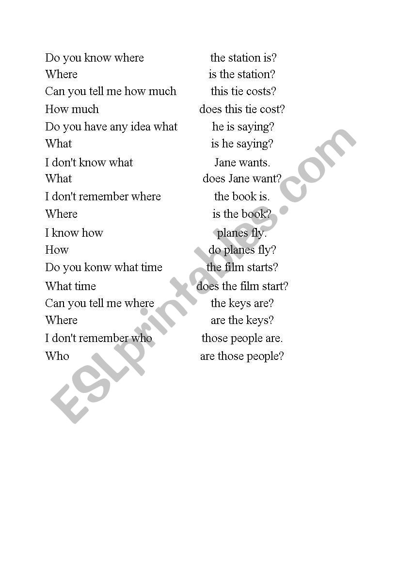 indirect speech/questions worksheet