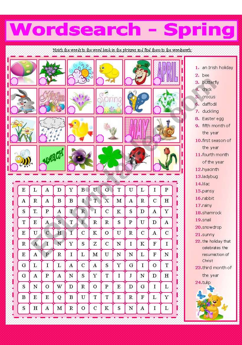 WORDSEARCH - SPRING (2 - 8) worksheet