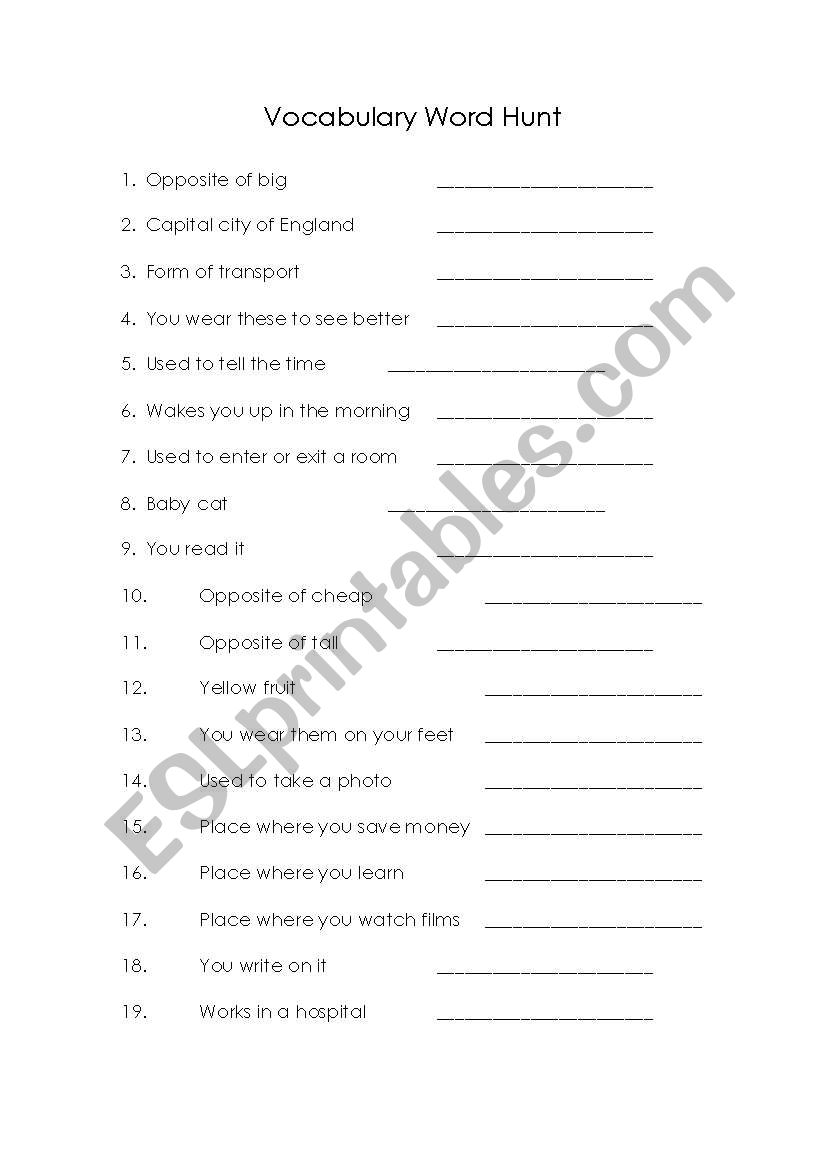 Vocabulary Word Hunt worksheet