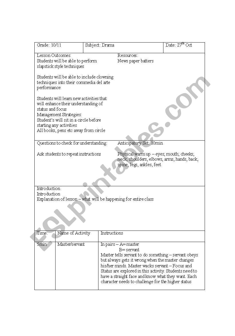 clowning lesson plan worksheet